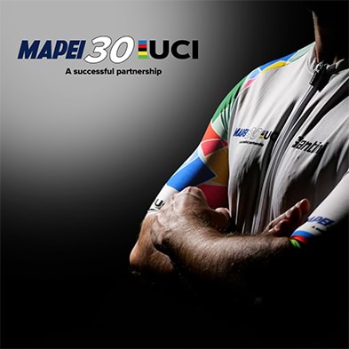 The iconic Mapei cubes combined with the UCI rainbow colours on a Santini jersey to celebrate three decades of cycling passion