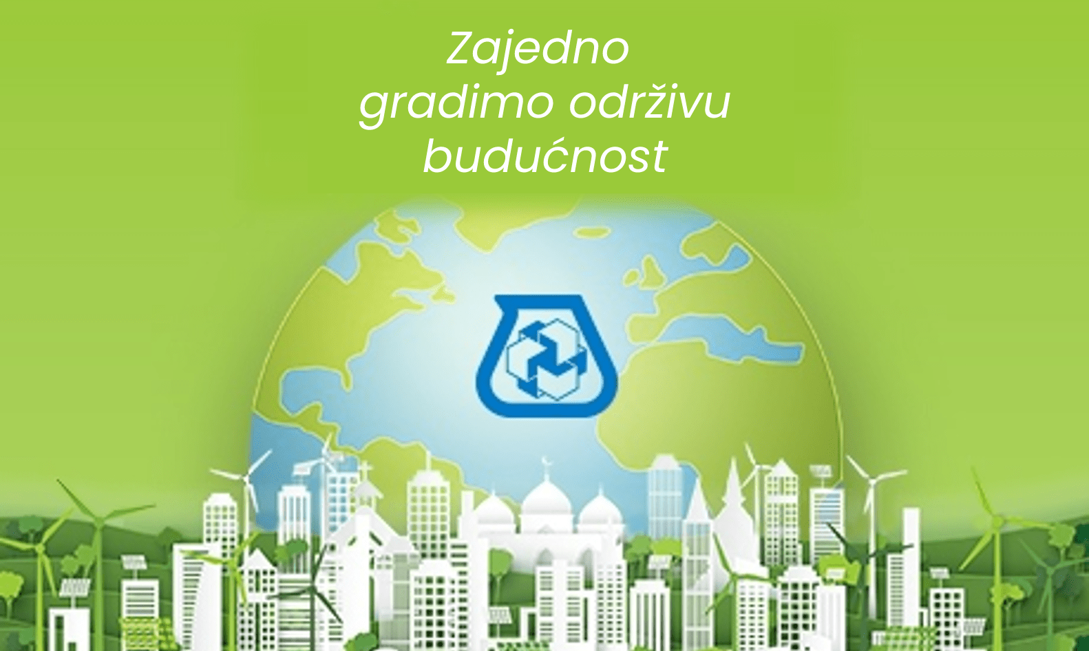 Poster horizonta grada s globusom u prvom planu. Na sredini se nalazi Mapei logo iznad kojeg je napisano Zajedno gradimo održivu budućnost.