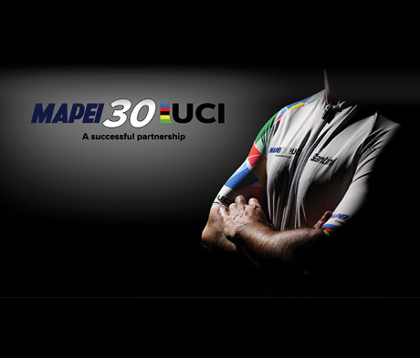 The iconic MAPEI cubes combined with the UCI rainbow colors on a Santini jersey to celebrate three decades of cycling passion