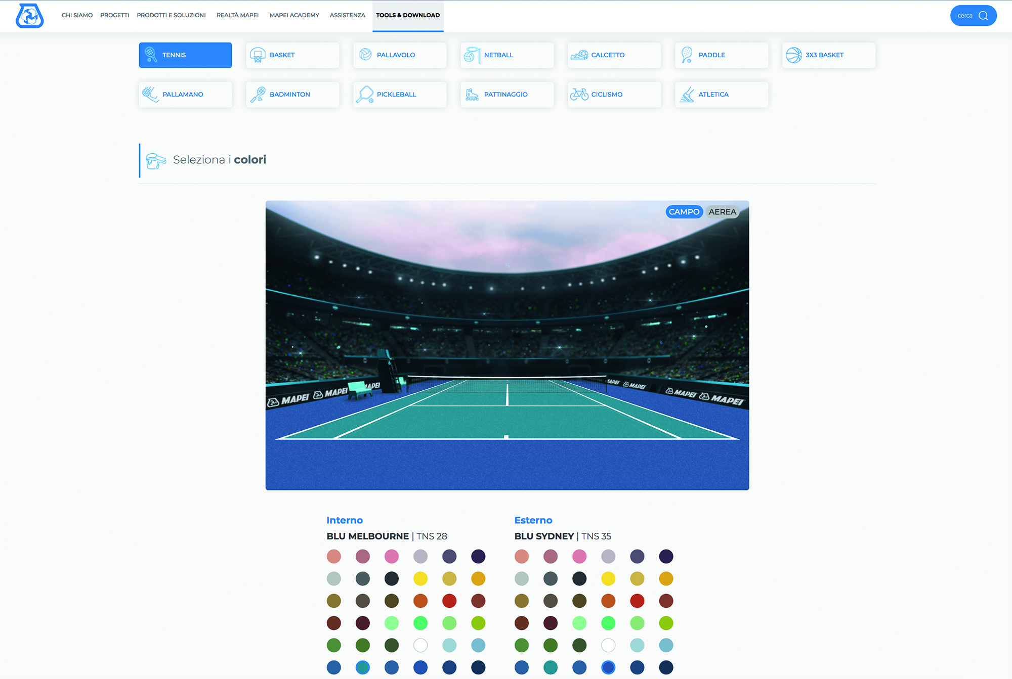 Schermata Mapecoat TNS Colorizer - strumento online gratuito per progettare e scegliere il colore dei campi superfici sportive